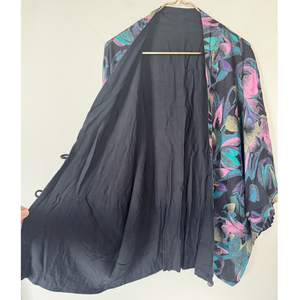 Vintage 80s Black Pink Teal Floral Oversized Kimono Jacket Blazer Artsy Boho L - Picture 6 of 9